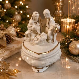 Christmas Nativity Holy Family Trinket Box Porcelain Handpainted Gold Accent EUC